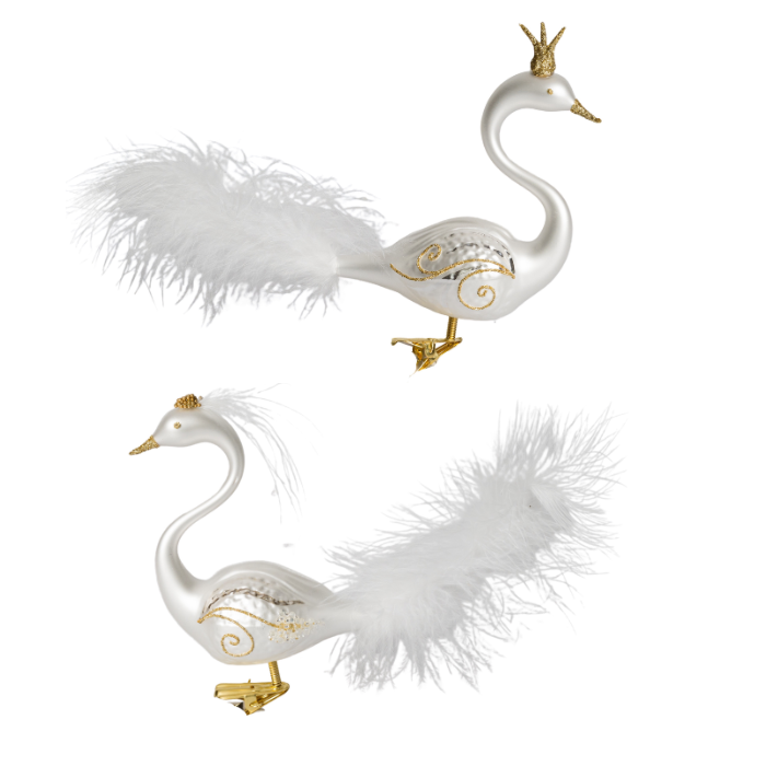 Sklenené vianočné ozdoby bielo-zlatá sada - Labutí pár s korunkou a pierkom, 2 ks