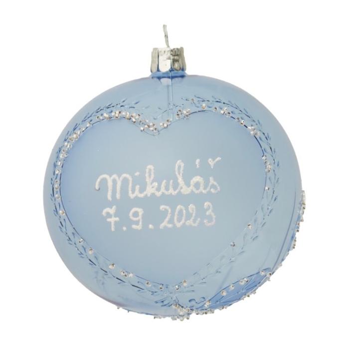 Vianočná sklenená ozdoba s menom / textom - dieťa 10 cm - modrá