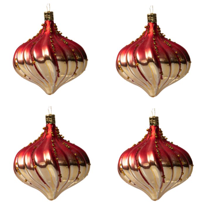 Sklenené vianočné ozdoby - Cibuľová červená a zlatá, 4 ks