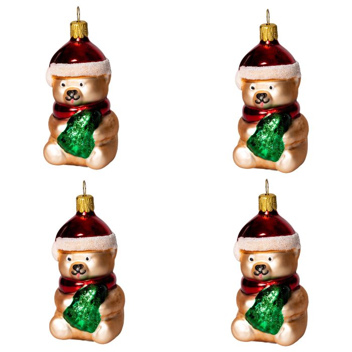 Sklenené vianočné ozdoby - Medvedík so stromčekom, 4 ks