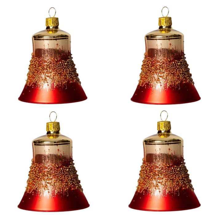 Sklenené vianočné ozdoby - Zvončeky červené a zlaté stredné, 4 ks