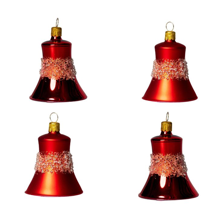 Sklenené vianočné ozdoby - Červené zvončeky s kamienkami, 4 ks