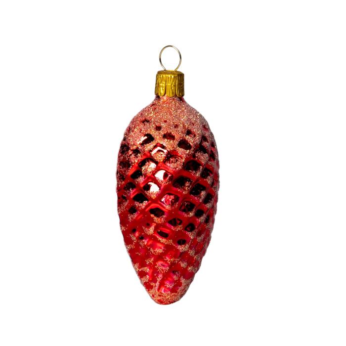 Sklenené vianočné ozdoby - Veľká červeno-zlatá sada - šišky, gule, jablká a zvončeky, 12 ks