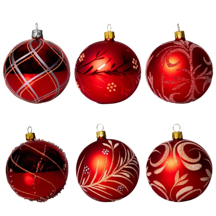 Sklenené vianočné ozdoby - červené a zlaté gule s ozdobami, 6 ks