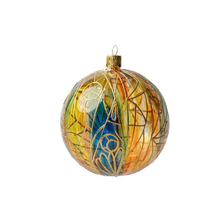 Vianočná ozdoba Secese Zlatá a modrá s farebným sklom, 1 kus