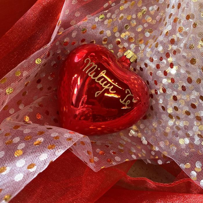 Sklenená ozdoba Veľké červené srdce na karte, 10 cm