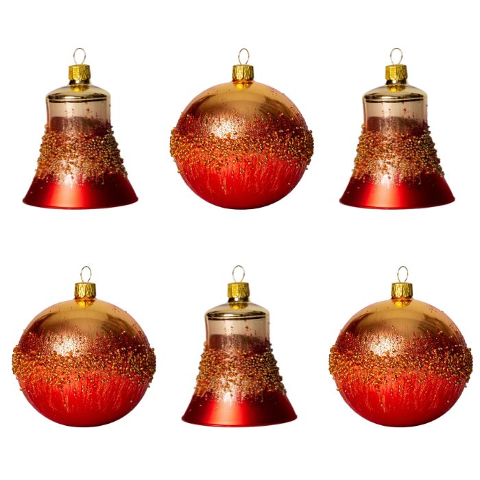 Sklenené vianočné ozdoby - červené a zlaté gule a zvončeky, 6 ks