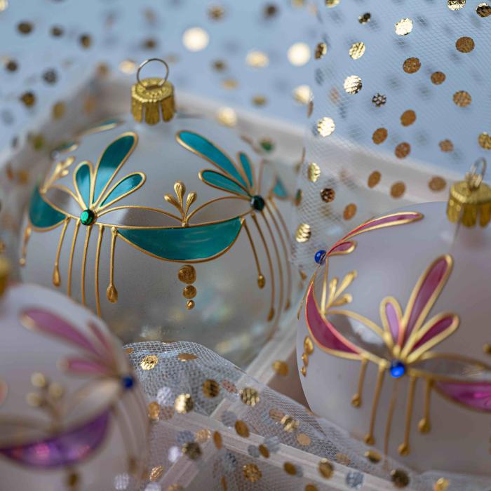 Sada secesných vianočných ozdôb modro-zelená a žltá, 6 ks