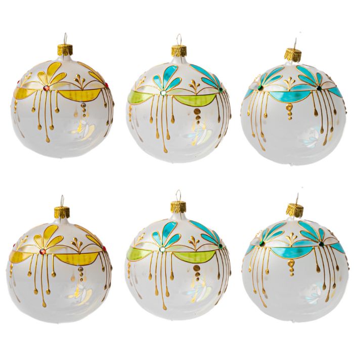 Sada secesných vianočných ozdôb modro-zelená a žltá, 6 ks