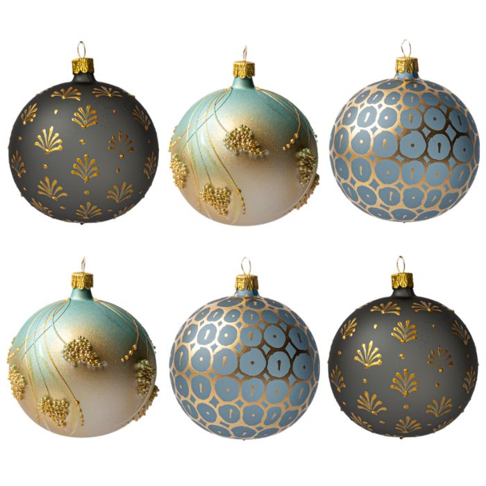 Sada vianočných dekorácií secesné baňky so zlatom, 6 ks