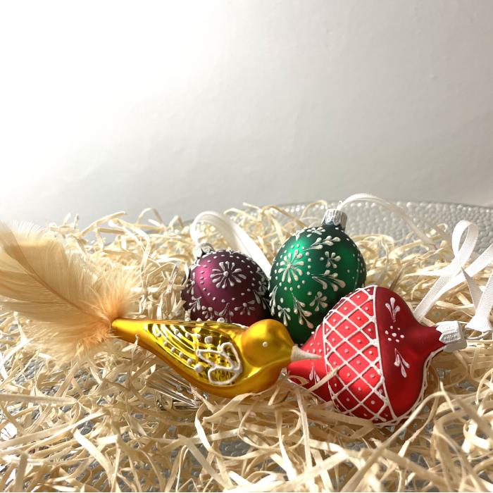 Sklenené ozdoby - Jarná sada so žltým vtákom - Folklór 3 , 4 ks