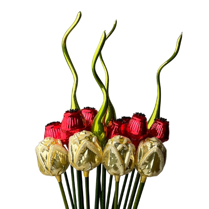 Sklenená kytica makov a ruží, 18 ks