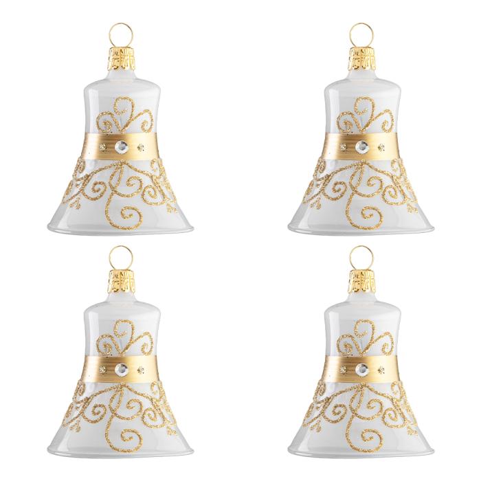 Sklenené vianočné ozdoby bielo-zlatá sada - Zlatý zvon, 4 ks