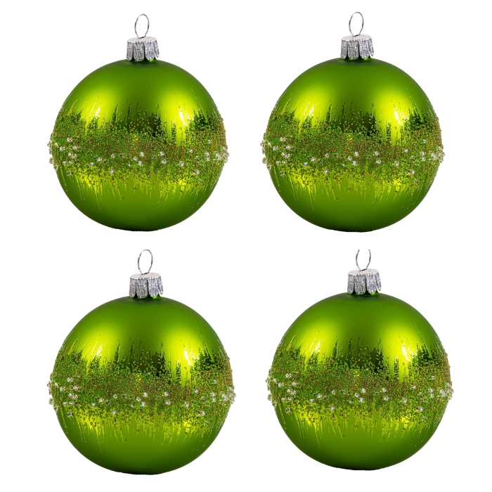 Sklenené vianočné ozdoby basic Moss - Machové guľôčky matné s korálkami, 4 ks