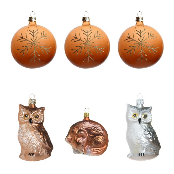 Sada sklenených vianočných ozdôb - sovy, líška a snehová vločka, 6 ks