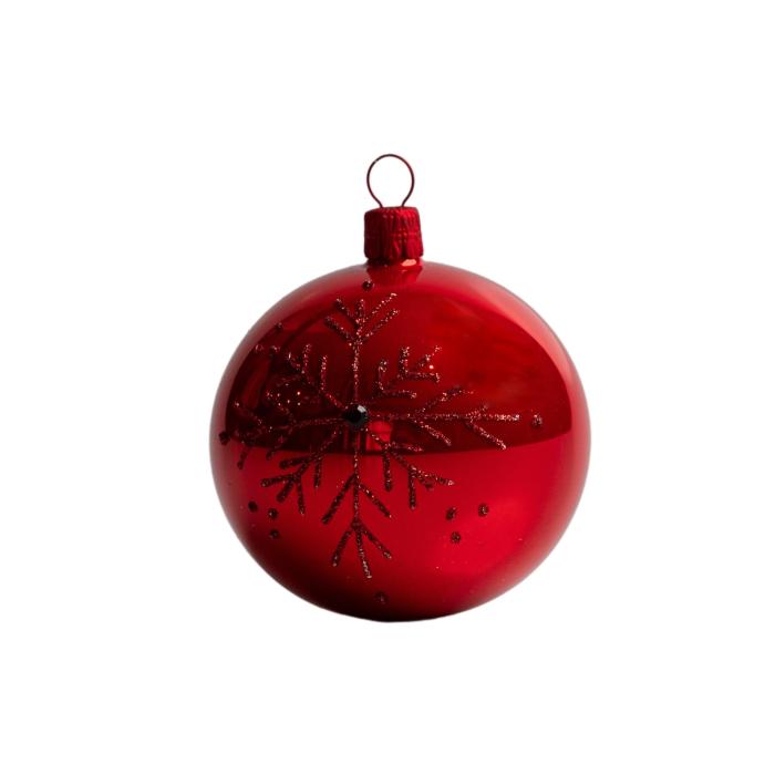 Sklenené vianočné ozdoby basic Red - Červené gule so snehovou vločkou, 4 ks