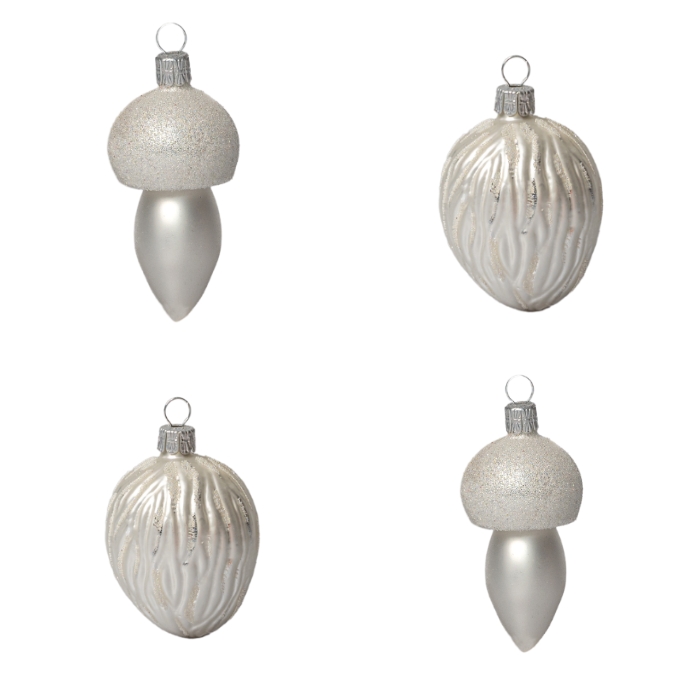 Sklenené vianočné ozdoby basic Bianco - Bianco orech a huby, 4 ks