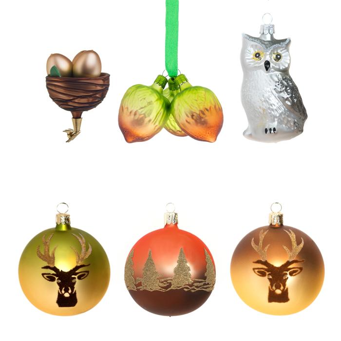 Sada sklenených vianočných ozdôb - banky s jeleňom, orieškami, sovou a hniezdom, 6 ks