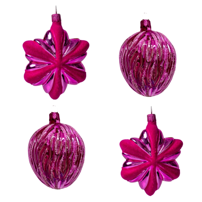 Sklenené vianočné ozdoby basic Magenta - Magenta vločky a orechy, 4 ks
