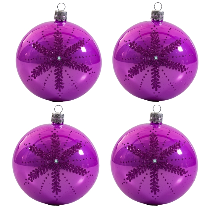 Sklenené vianočné ozdoby basic Lila - Lila veľké gule so snehovou vločkou, 4 ks