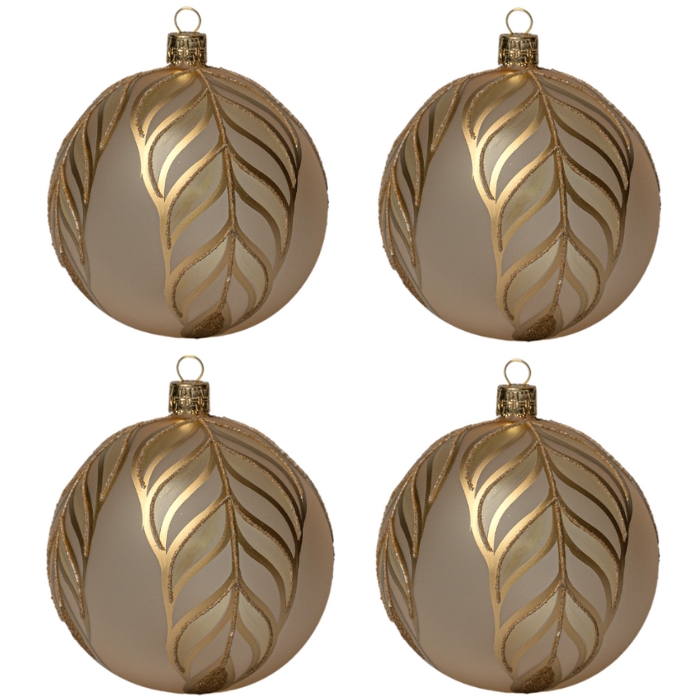 Sklenené vianočné ozdoby basic Caramel - Karamelové veľké číre gule s listami, 4 ks