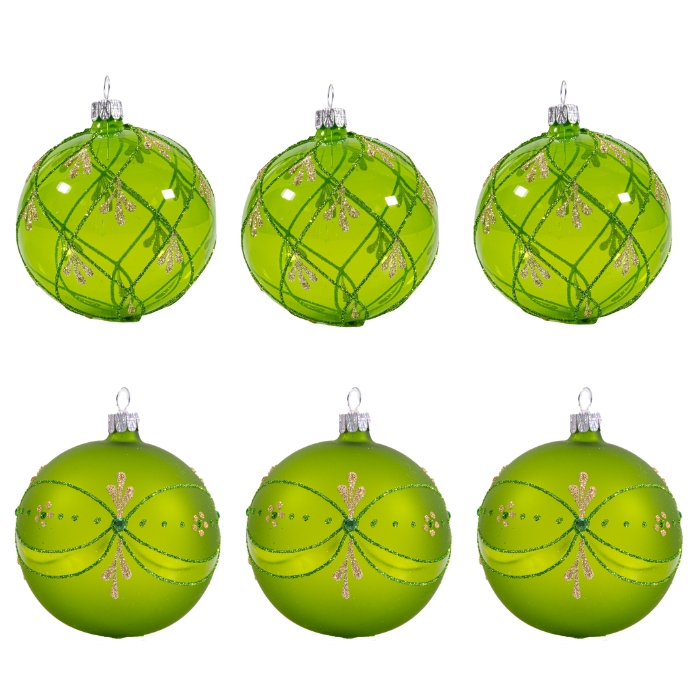 Sklenené vianočné ozdoby základné Mach - Machové gule číre zdobené, 6 ks