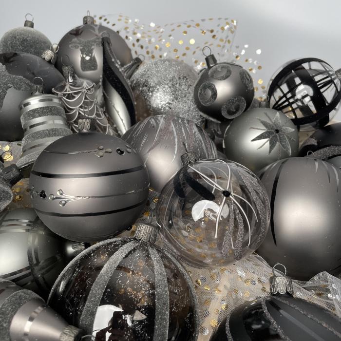 Sklenené vianočné ozdoby basic Nero - Nero s čiernymi saténmi, 6 ks