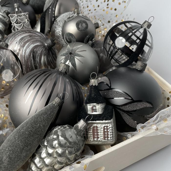 Sklenené vianočné ozdoby basic Nero - domčeky Nero, 4 ks