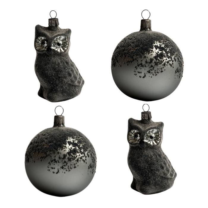 Sklenené vianočné ozdoby basic Nero - Nero sovy, 4 ks