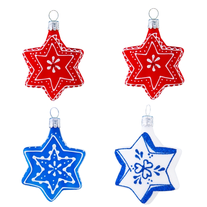 Sklenené vianočné ozdoby vlastenecké perníky - sada hviezdičiek, 4 ks