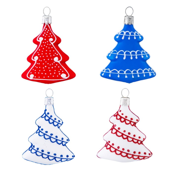 Sklenené vianočné ozdoby vlastenecké perníkové - sada stromčekov, 4 ks