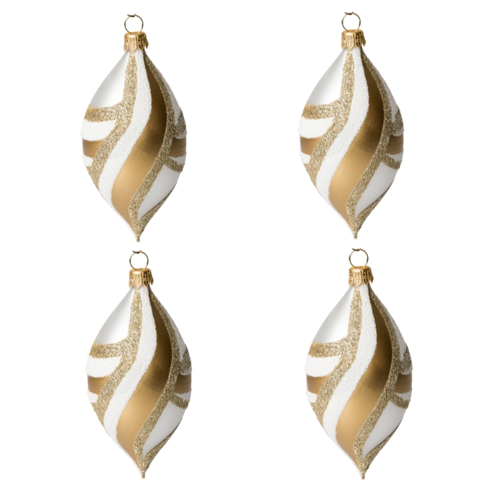 Sklenené vianočné ozdoby bielo-zlatá sada - Olivy s prúžkami, 4 ks