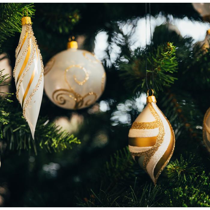 Sklenené vianočné ozdoby biele a zlaté - Olivy číre so zlatom, 4 ks
