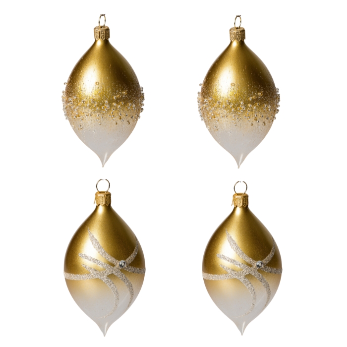 Sklenené vianočné ozdoby biele a zlaté - Olivy číre so zlatom, 4 ks