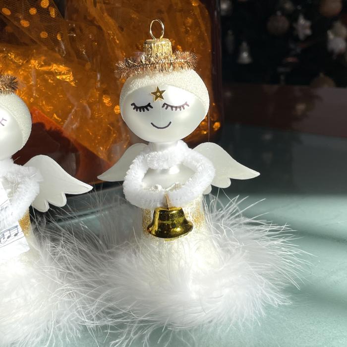 Sklenená ozdoba - Anjel so zvončekom, 1ks