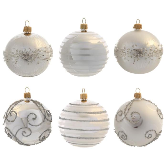 Sklenené vianočné ozdoby biele a strieborné - Matné a lesklé gule, 6 ks