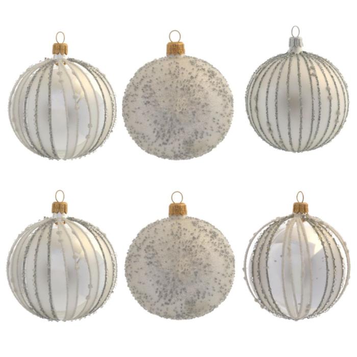 Sklenené vianočné ozdoby bielo strieborná sada - Guľa s balónom, 6 ks