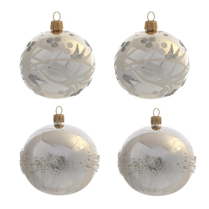Sklenené vianočné ozdoby bielo-strieborná sada - Vetvičky a pierka, 4 ks