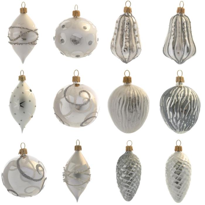 Sklenené vianočné ozdoby bielo-strieborná sada - veľká sada guliek a tvarov, 12 ks