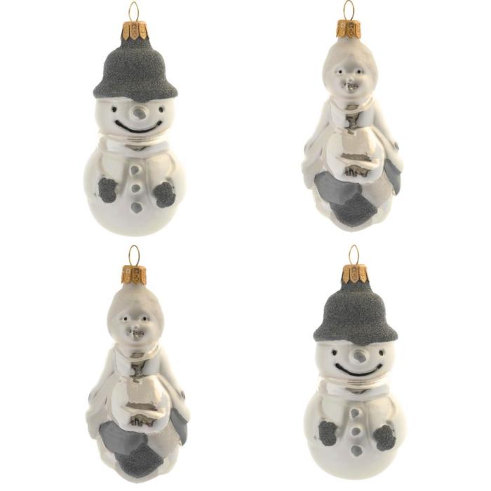 Sklenené vianočné ozdoby biela a strieborná sada - bábiky a snehuliaci, 4 ks