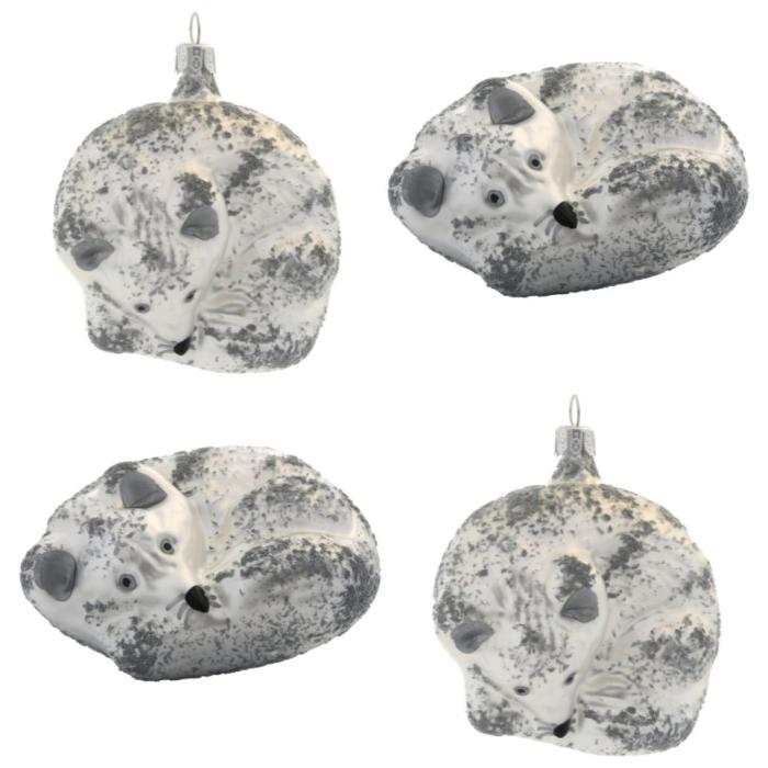 Sklenené vianočné ozdoby biela a strieborná sada - Polárne líšky, 4 ks