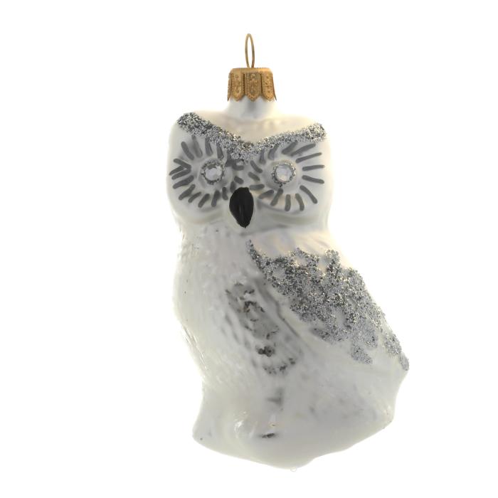 Sklenené vianočné ozdoby bielo-strieborná sada - Sovy a olivy, 4 ks