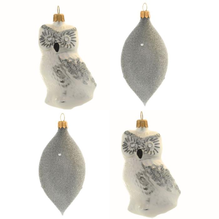 Sklenené vianočné ozdoby bielo-strieborná sada - Sovy a olivy, 4 ks