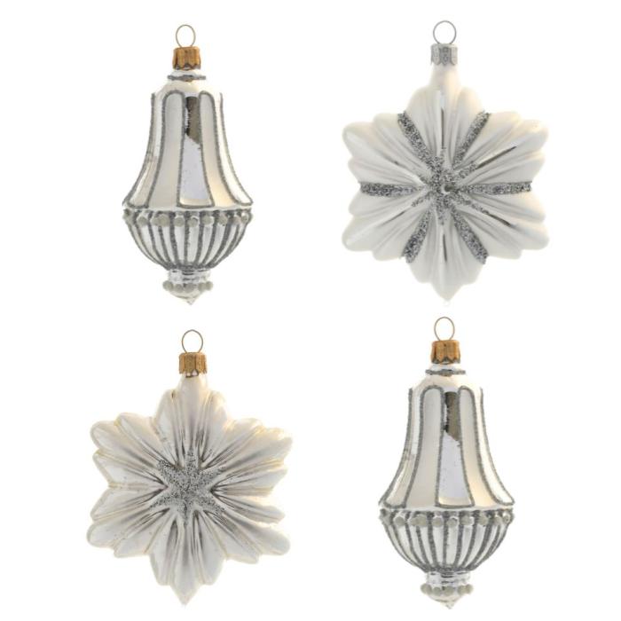 Sklenené vianočné ozdoby biela a strieborná sada - Hviezdy a lampióny, 4 ks