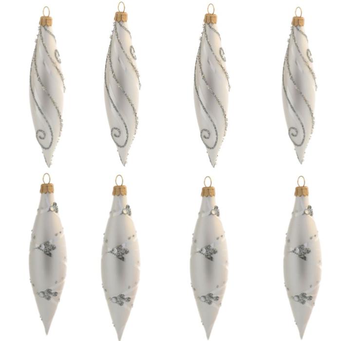 Sklenené vianočné ozdoby bielo-strieborná sada - Rakety s matným dekorom, 8 ks