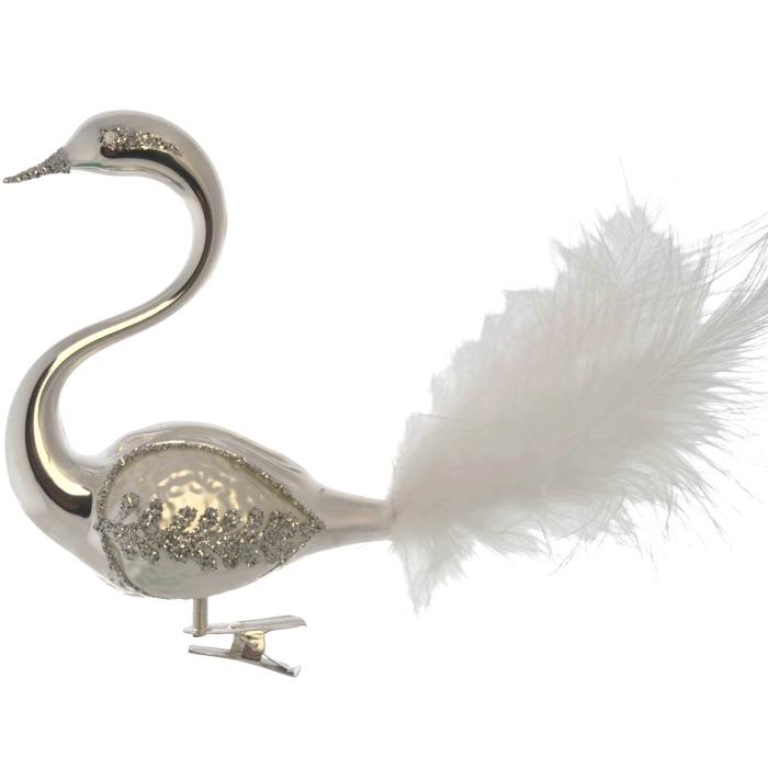 Sklenené vianočné ozdoby bielo-strieborné - Labutí pár s bielym perím, 2 ks