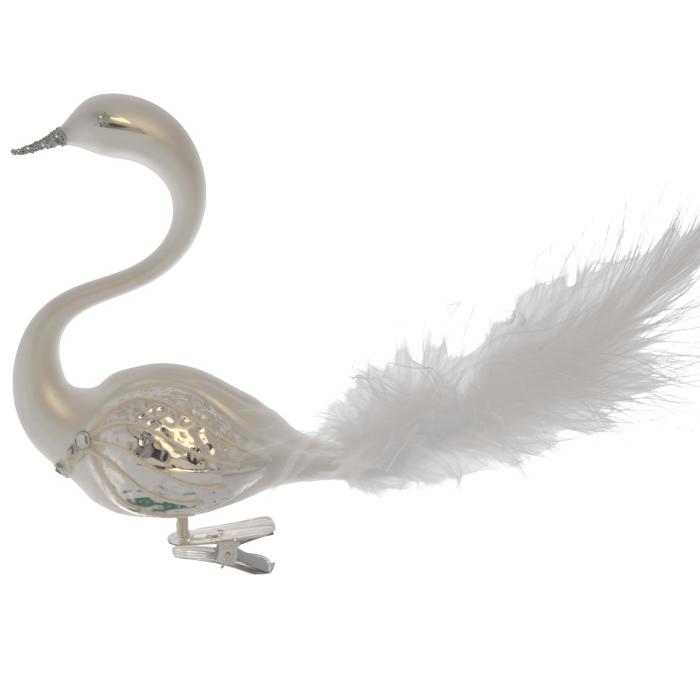 Sklenené vianočné ozdoby bielo-strieborné - Labutí pár s bielym perím, 2 ks