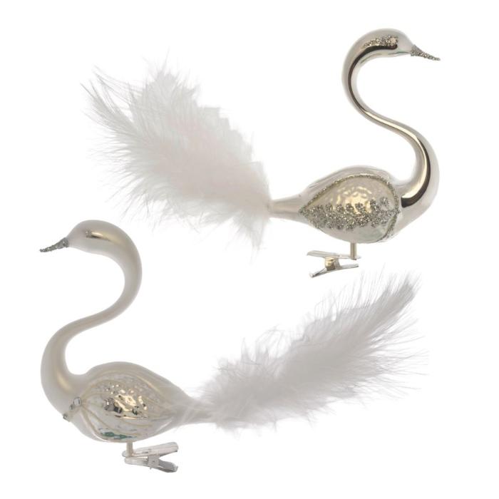 Sklenené vianočné ozdoby bielo-strieborné - Labutí pár s bielym perím, 2 ks