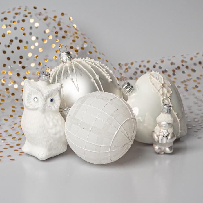 Sada sklenených vianočných ozdôb - Sova biela, 1 ks