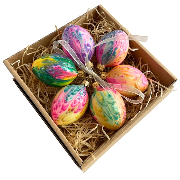 Sklenené ozdoby - jarná sada vajíčok Kahuri rainbow, 6 ks